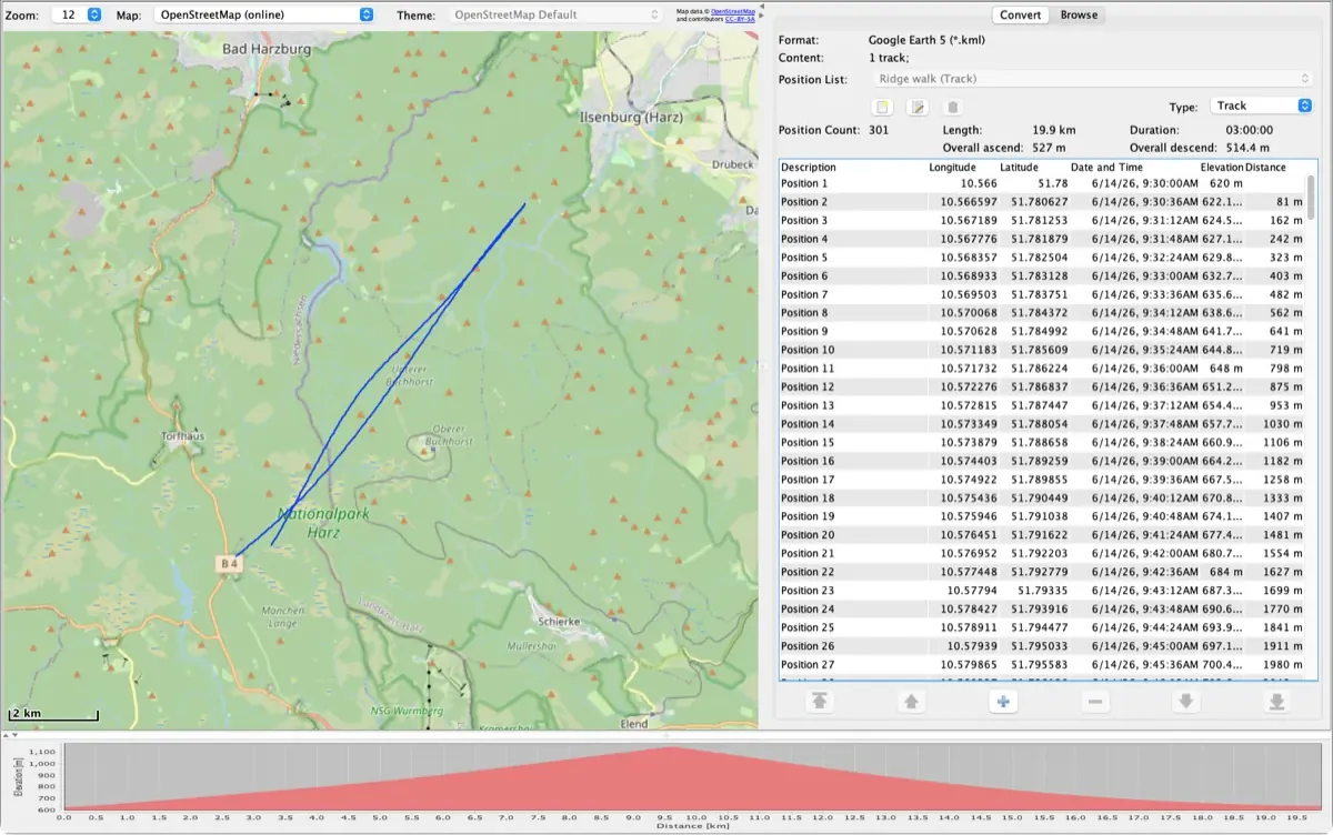 RouteConverter con una traccia KML di Google Earth di un'escursione in cresta nello Harz sulla mappa, con l'elenco delle posizioni e il profilo altimetrico