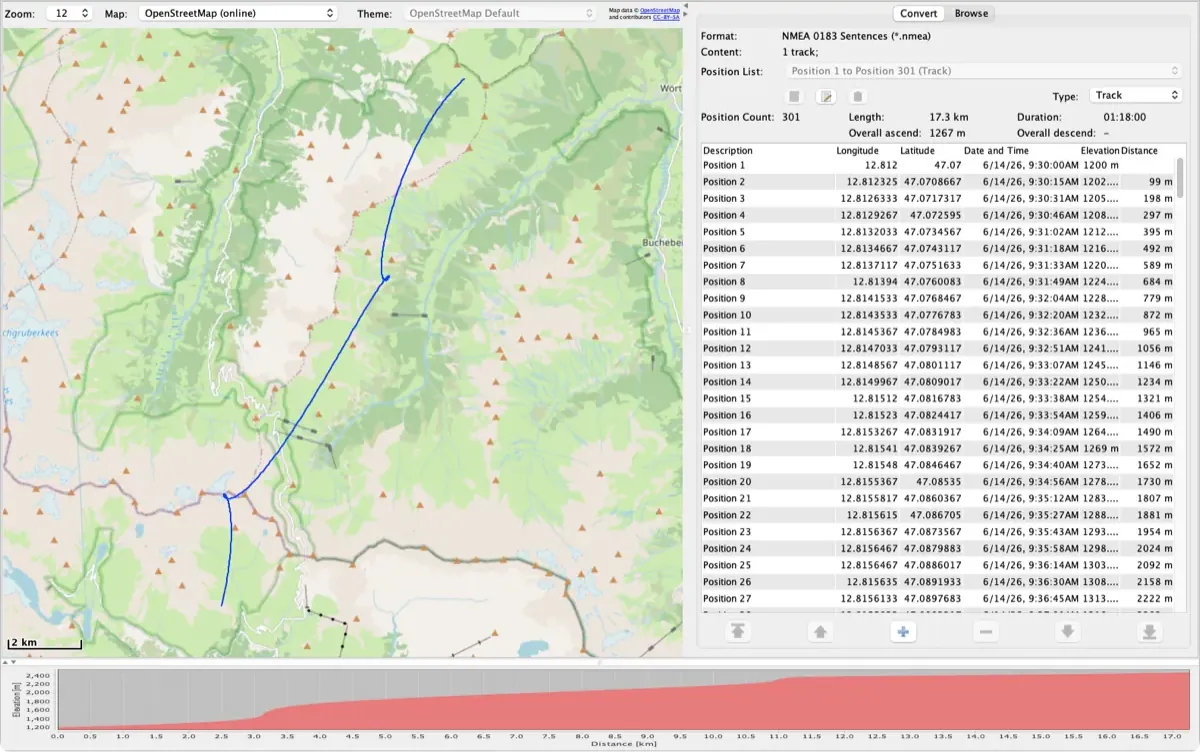 RouteConverter con una traccia NMEA di una strada di passo alpino sulla mappa, con l'elenco delle posizioni e il profilo altimetrico