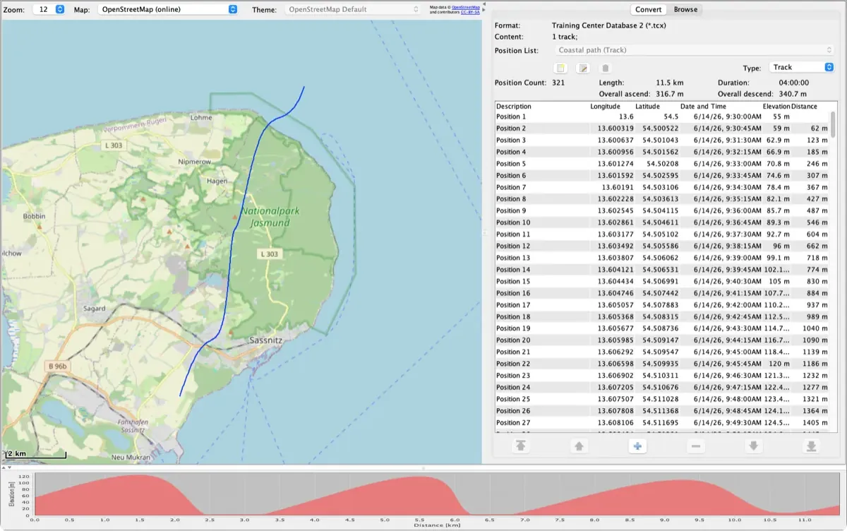 RouteConverter con una traccia TCX lungo un sentiero costiero a Rügen sulla mappa, con l'elenco delle posizioni e il profilo altimetrico