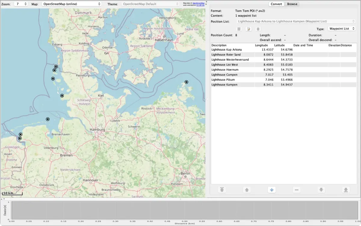 RouteConverter con un file TomTom OV2 di fari della costa tedesca mostrati come punti sulla mappa, con l'elenco delle posizioni